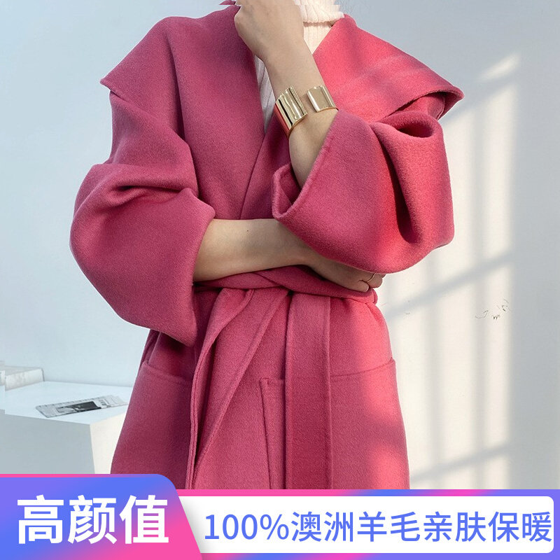 Maje Koce double-faced cashmere coat women's rose red high-end hooded lace-up mid-length wool woolen coat - Taobao