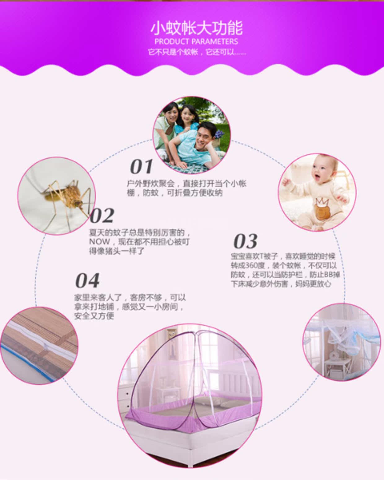 Vải chống muỗi miễn phí lắp đặt không đáy không khóa gấp dây kéo ma thuật lưới yurt muỗi 1,2 / 1,5 / 1,8 m màn chụp gấp gọn thông minh