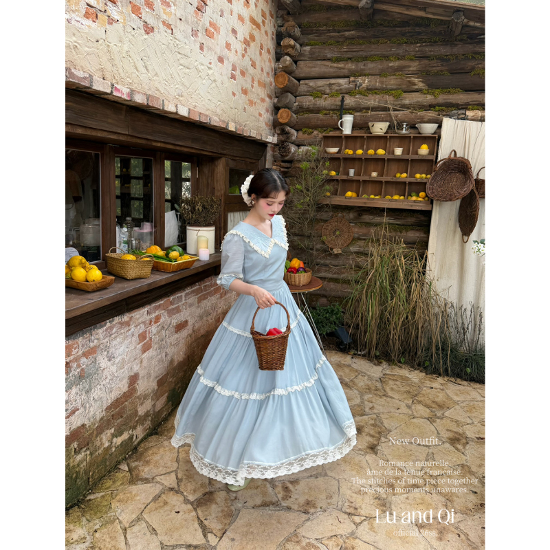 Lu Heqi French Retro Pastoral Style Summer Embroidered Lapel Waist-Cinching Dress Lace Tiered Long Dress for Women