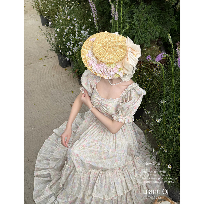 Lu Heqi French-Style Mori Garden-Style Floral Cake Dress with Ruffled Edges and Puff Sleeves for Women in Summer Lu Heqi French-Style Mori Garden-Style Floral Cake Dress with Ruffled Edges and Puff Sleeves for Women in Summer