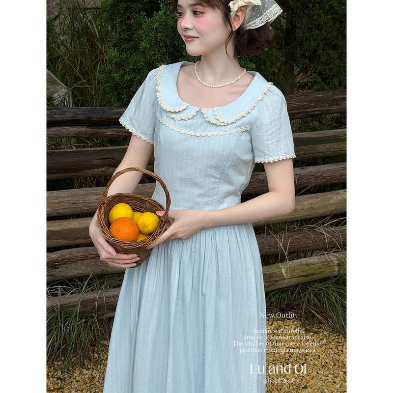 Luheqi French Country Style Lace Doll Collar Dress for Women, Summer Vintage Striped Waist-Cinching Long Dress