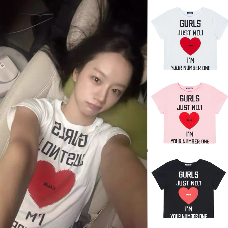 Korean Niche Brand Lee Hye-Ri's Same Style Asif*Calie Rhinestone Heart Letter Print Short-Sleeve T-Shirt