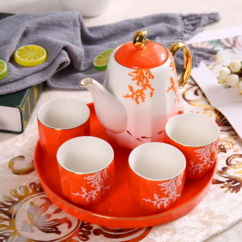 Northern European key-2 luxury ceramic water set suit household American glass cup sitting room with a complete set of tea cups hot kettle