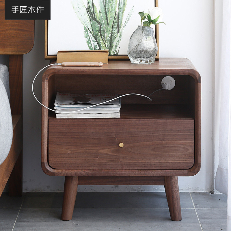 Original Nordic Japanese style solid wood black walnut arc single drawer storage cabinet side cabinet drawer cabinet bedroom furniture