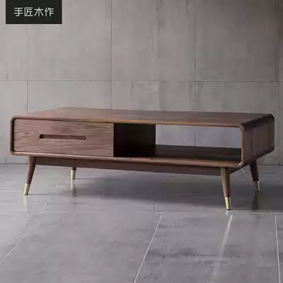 Handmade wooden Nordic Japanese-style black walnut full solid wood coffee table Simple modern small apartment living room storage and storage