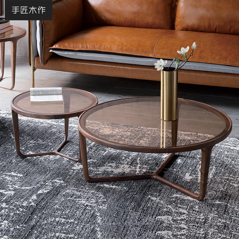 Nordic solid wood black walnuts tea table combined round small round table minimalist solid wood living room furniture tempered glass round a few