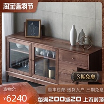 Craftsman wood New black Walnut dining side cabinet Nordic living room Solid wood Glass cabinet Tea cabinet Kitchen locker