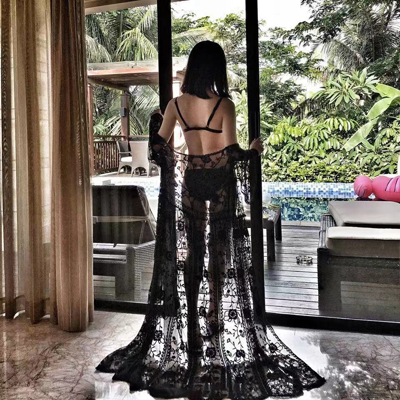 Black and White Lace Sun Protection Shirt for Women, Long Style, Super Fairy-Like, Mid-Length, Beach Vacation Bikini Outerwear Cardigan for Summer