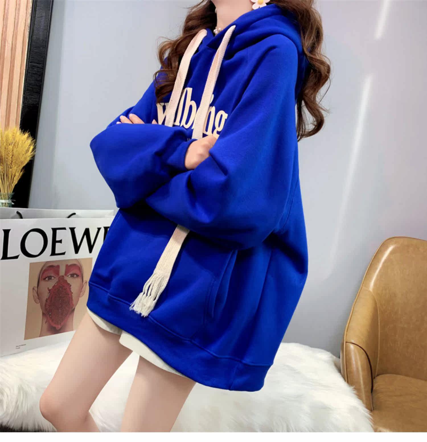 Лён 潮牌新款春秋冬宽松爆款字母连帽时尚外套克莱因蓝加绒加厚卫衣服