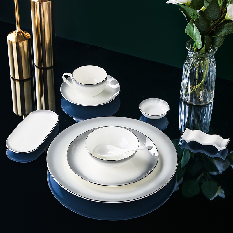 Hotel Bone China Tableware Set, Gradient Gray with Silver Rim, Four-Piece Set, High-End Club Restaurant Specialty Plates and Bowls Set