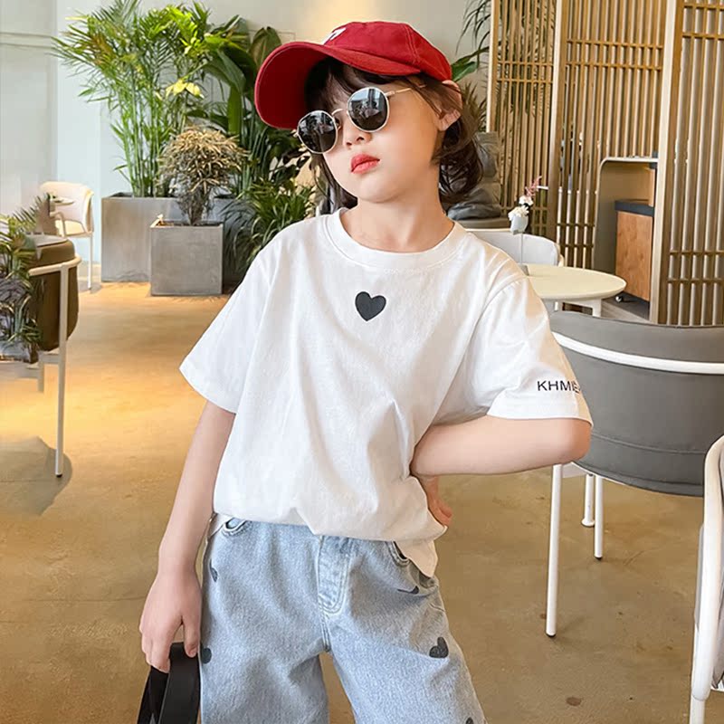 Spring and summer parent-child clothing children's pure cotton short-sleeved love T-shirt girls foreign style all-match tops boys loose casual ins