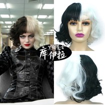 Black and white Magic woman Kuila cos wig punk rock princess 101 spotted dog half black and half white small curly hair headgear