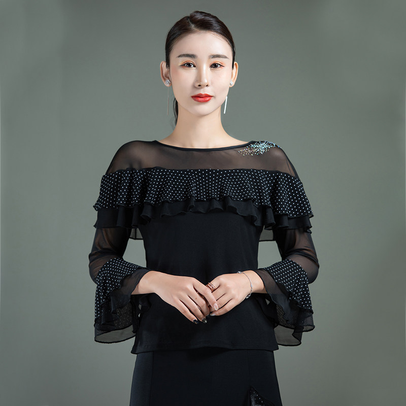 Modern dance dress top New polka dot fashion flared sleeve adult female standard Latin three-step square dance suit