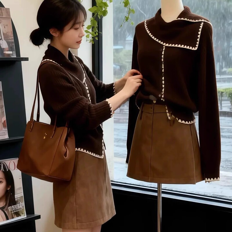 Brown Scarf Collar Sweater Cardigan Jacket for Women, Autumn and Winter 2025 New Korean Style, Lazy Style, Loose Long-Sleeved Knitwear Brown Scarf Collar Sweater Cardigan Jacket for Women, Autumn and Winter 2025 New Korean Style, Lazy Style, Loose Long-Sleeved Knitwear