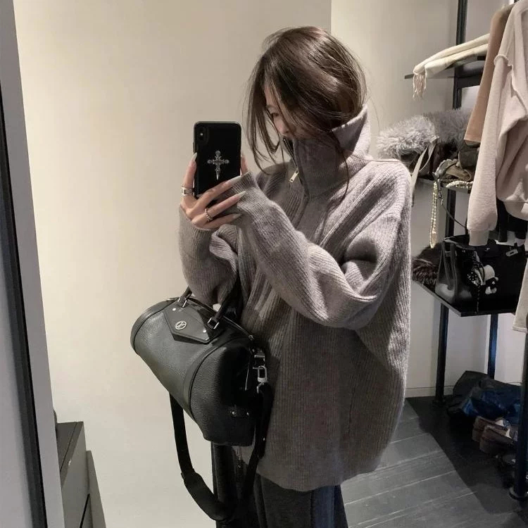 Lazy Style, Relaxed Feel, Half-High Collar Zipper Knit Cardigan for Women, New Autumn and Winter Style, Elegant Sweater Jacket