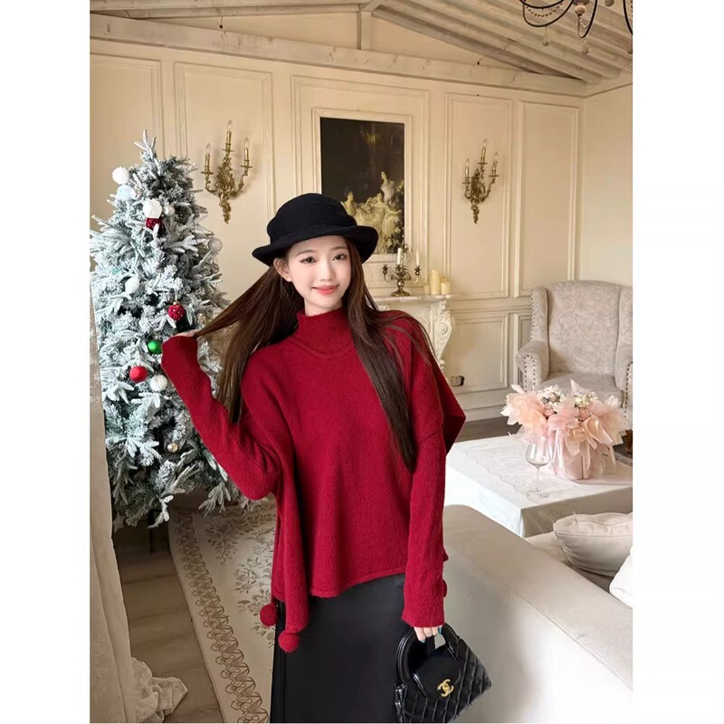 New Year Red Turtleneck Long-Sleeved Knit Sweater for Women, Autumn and Winter Niche Pom-Pom Red Cape Knit Coat Two-Piece Set New Year Red Turtleneck Long-Sleeved Knit Sweater for Women, Autumn and Winter Niche Pom-Pom Red Cape Knit Coat Two-Piece Set