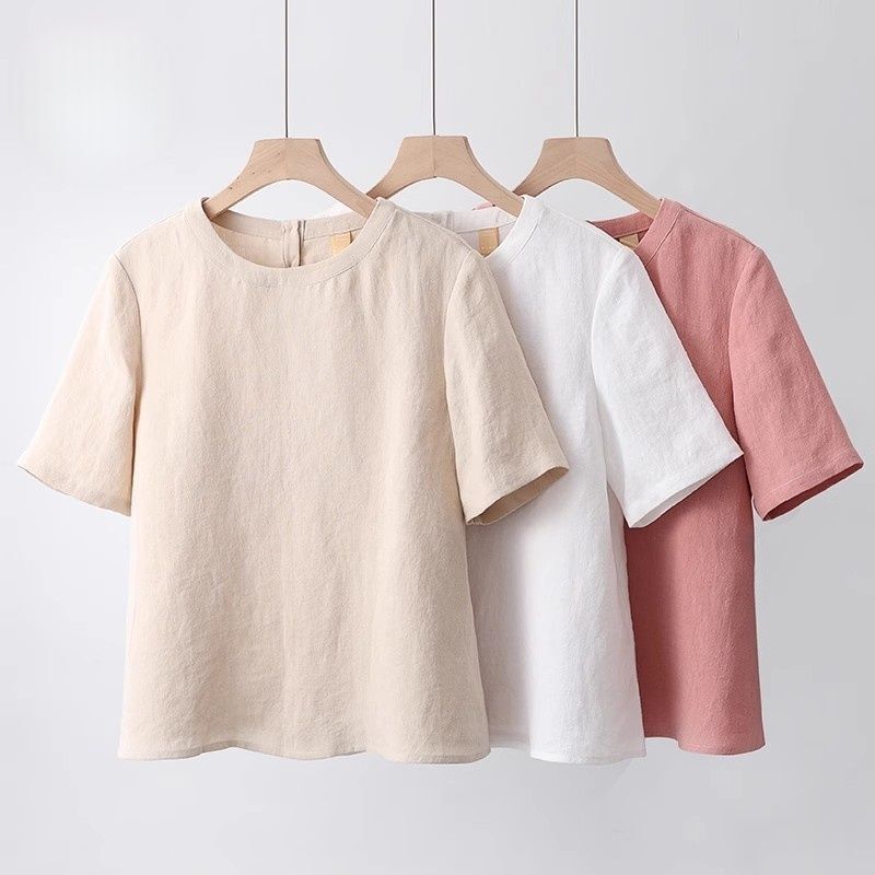 High-End Cotton and Linen Shirts for Women 2026 Spring and Summer New Short-Sleeved Women's Artistic T-Shirts Round Neck Tops Loose Linen Shirts