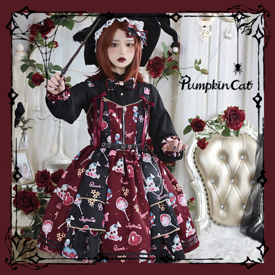 (Spot) Pumpkin cat weird candy creepy sugar suspenders skirt suspender skirt (not seven days)