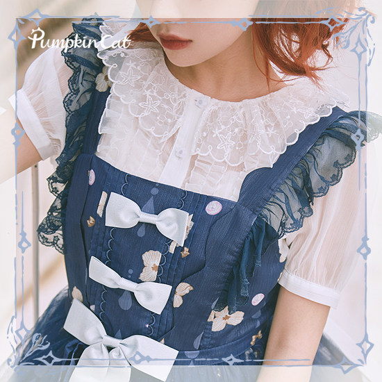 (Spot) pumpkin cat tropical fish with glass tears bottle shell embroidered collar short sleeve shirt LOLITA-Taobao