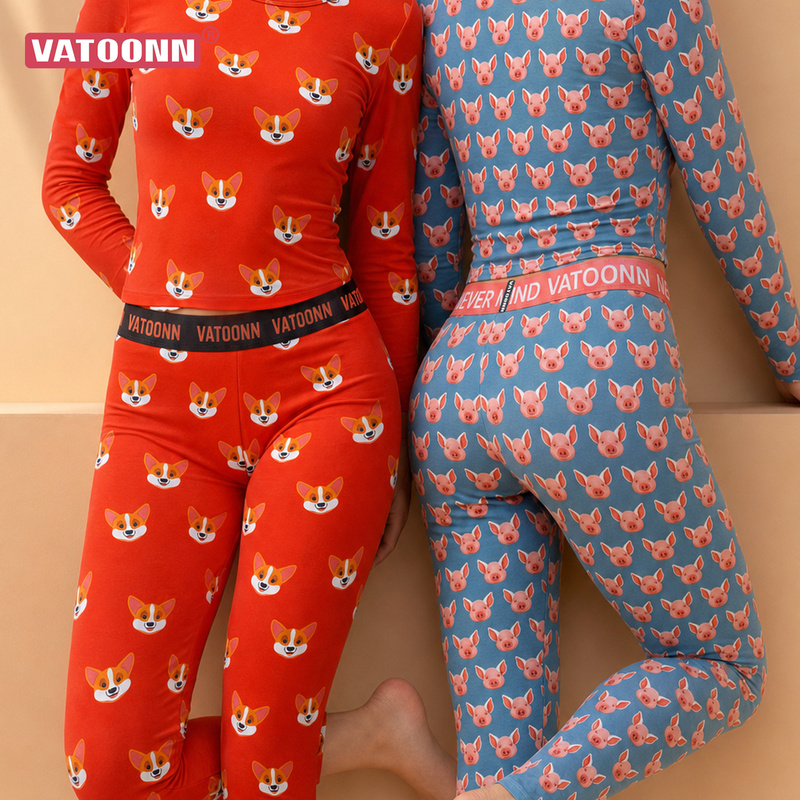 Fun Cartoon Print Thermal Underwear Women's Plus Size Set Combed Cotton Thin Autumn Clothes and Pants Two-Piece Set 2026 Autumn