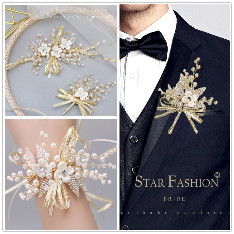 Bride wrist flower Groom corsage suit Forest gold European style small fresh beaded ribbon Wedding corsage streamers