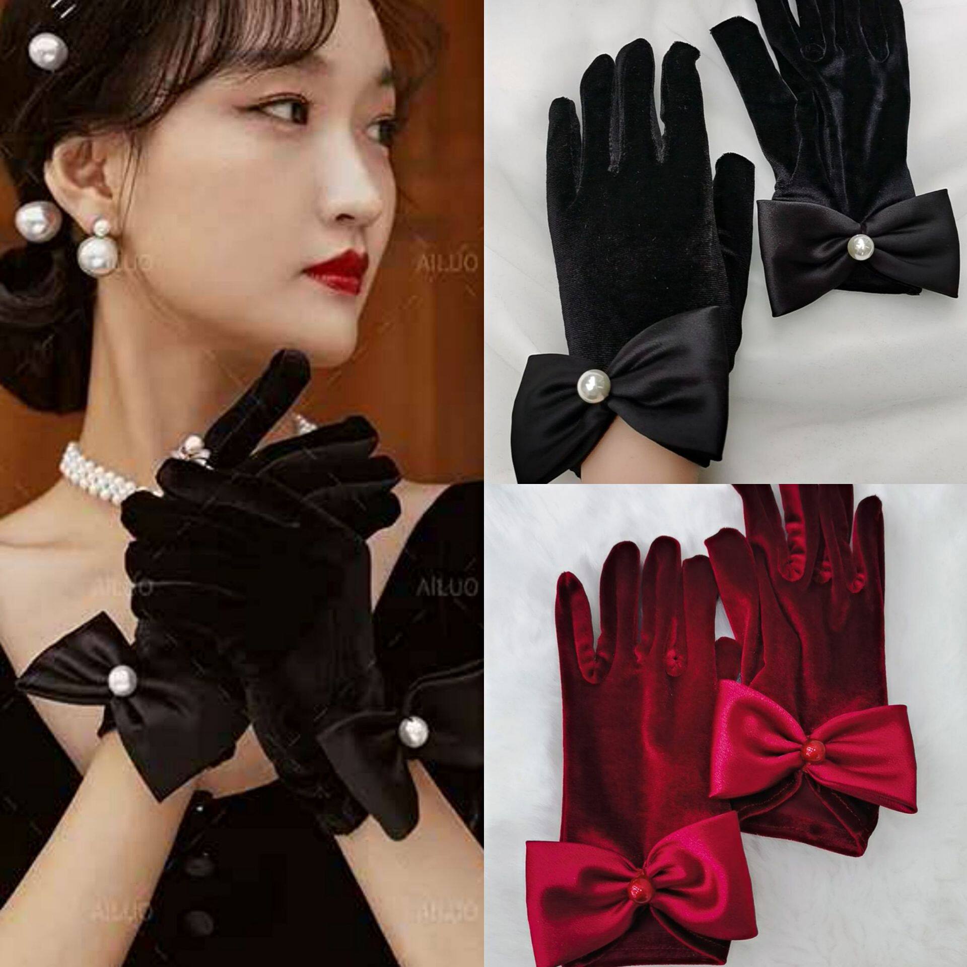 Senior Goddess Lady Wine Red Satin Thick Autumn and Winter Gloves Bridal Toast Clothing Annual Meeting Event Modeling Accessories