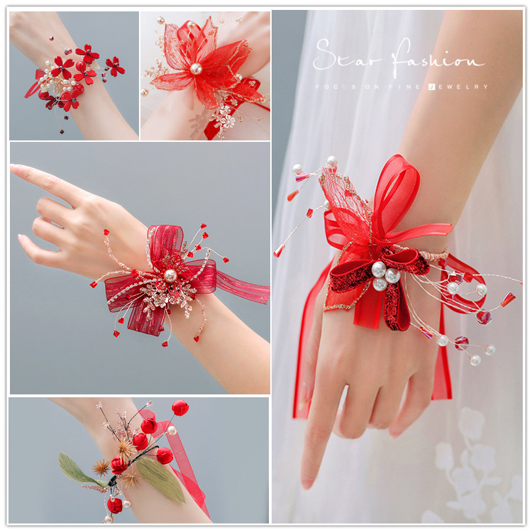 Elegant and solemn red hand ornaments wrist flowers Chinese wedding Xiuhe hand flowers toast clothes Chinese clothing dance performance accessories