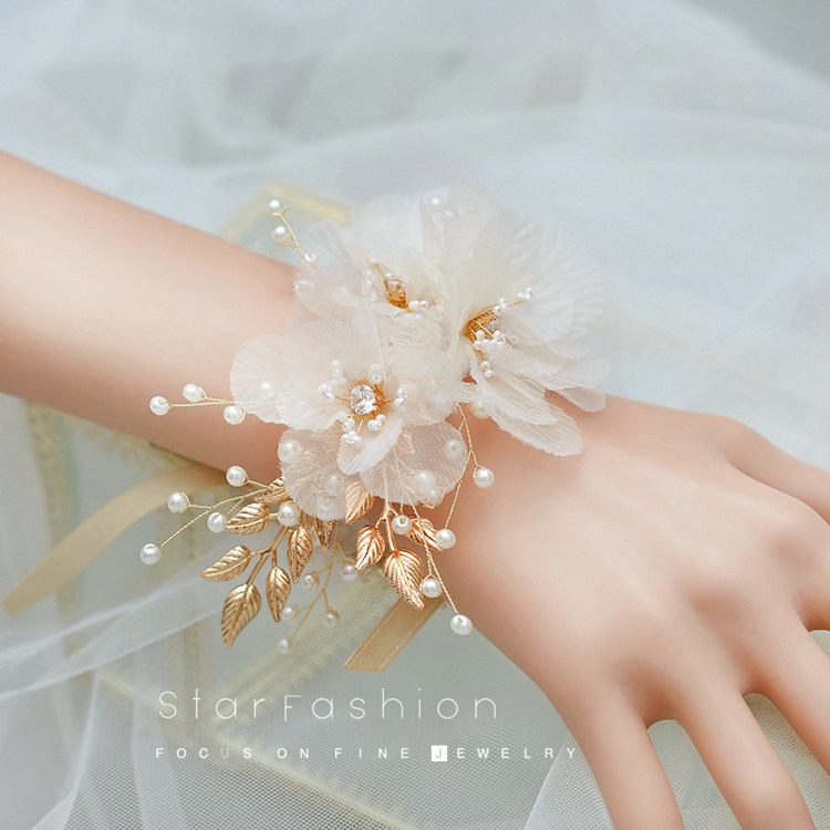 Mori bridal bridesmaid wrist flower brooch champagne headdress head flower wedding ceremony hand flower girl band
