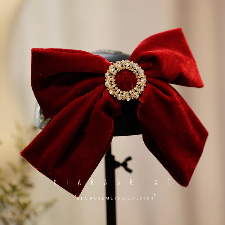 2022 New Big Bow Hairpin Net Red French Hairpin Retro Diamond Velvet Bride Toast Clothing Accessories