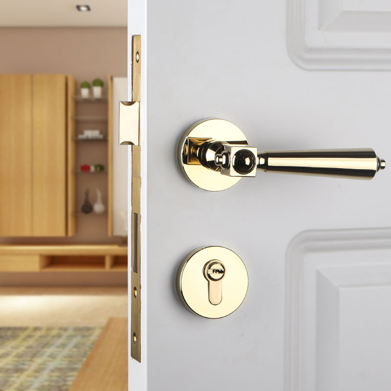 Gold light luxury bedroom door lock split lock indoor solid wood door lock American bright silver mute room door handle