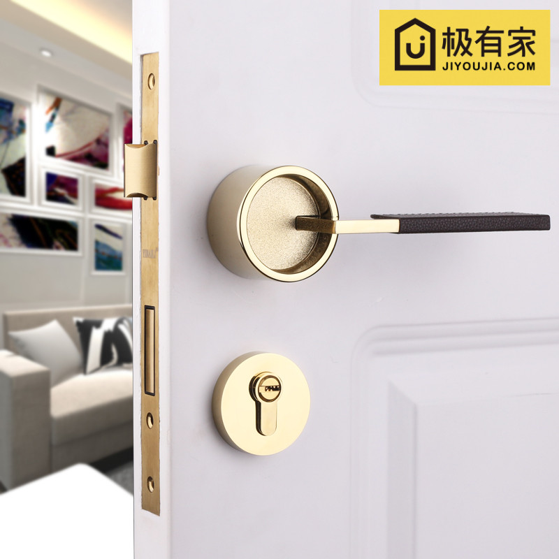 Golden Light Lavish Room Door Lock Indoor Bedroom Genuine Leather Two Style Lock Leather Solid Wood Door Lock Universal Mute Lock
