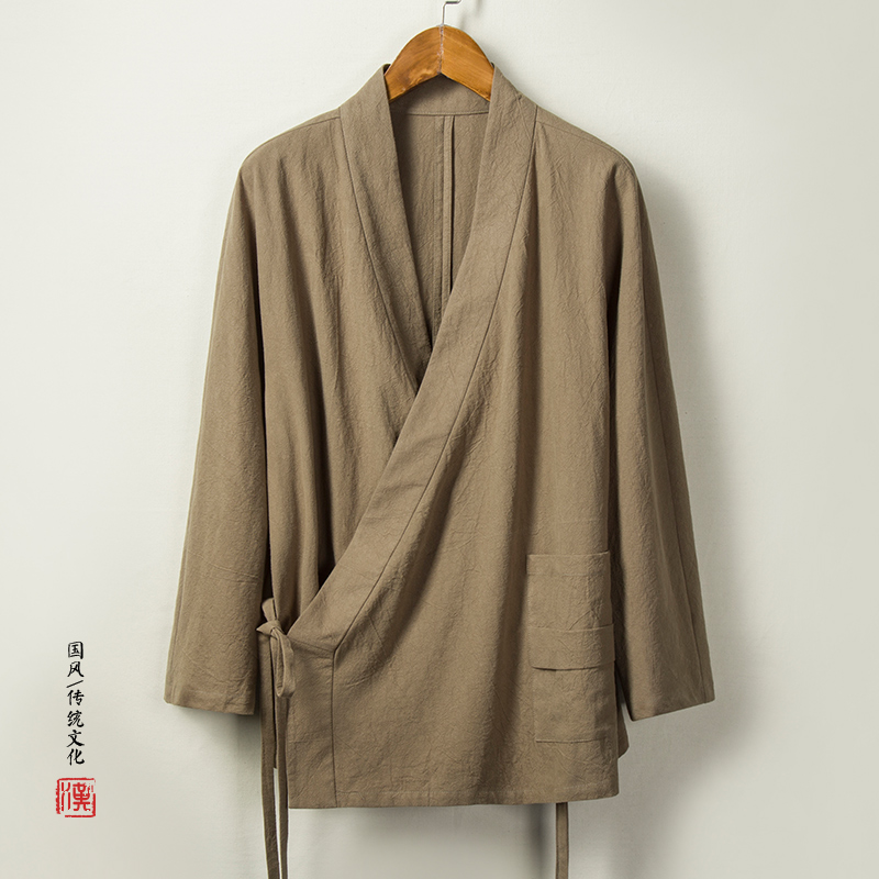 Mùa xuân và mùa thu retro Trung Quốc gió nam váy xiên người đàn ông phù hợp với Trung Quốc bông và gai dầu túi lớn áo gus thiền lỏng váy