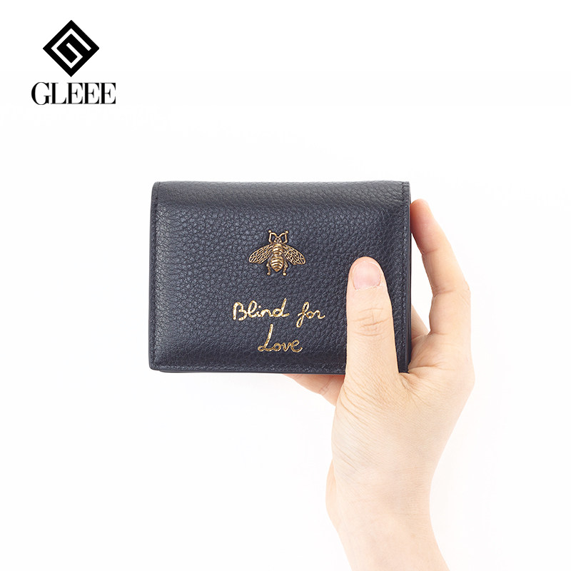 GLEEE leather short bee wallet mini 2 fold wallet naturally fall first layer cowhide coin purse card holder soft