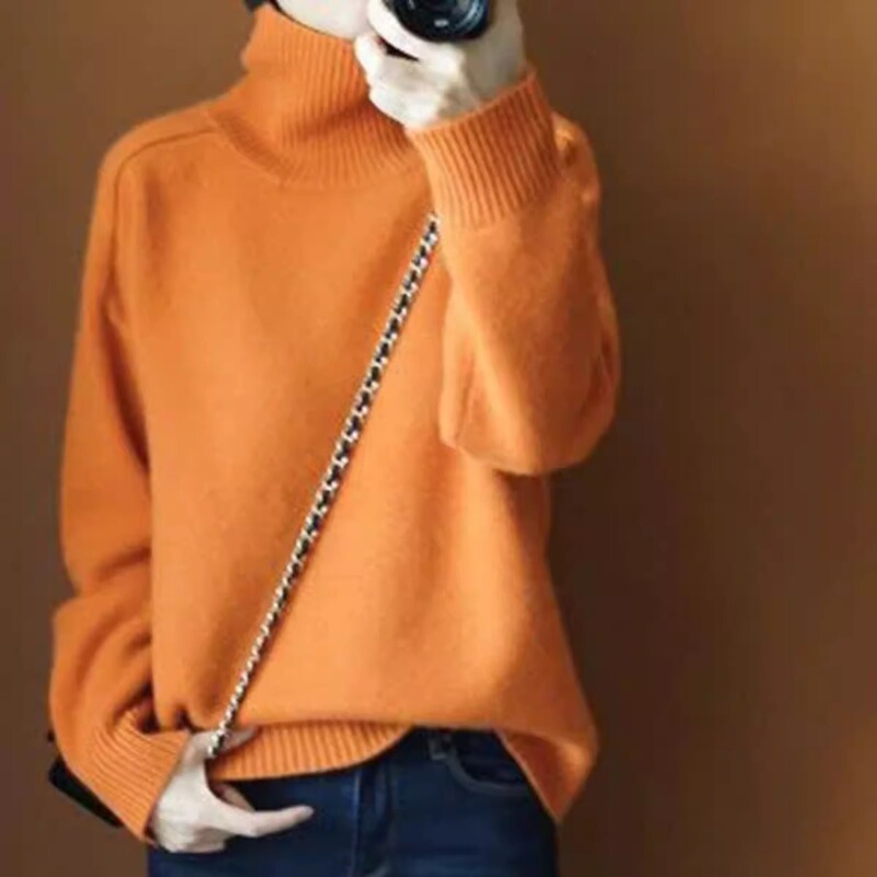 26 Autumn/Winter New High-Neck Cashmere Sweater for Women, Loose and Lazy Style, Orange Age-Reducing Knitted Base Shirt Top