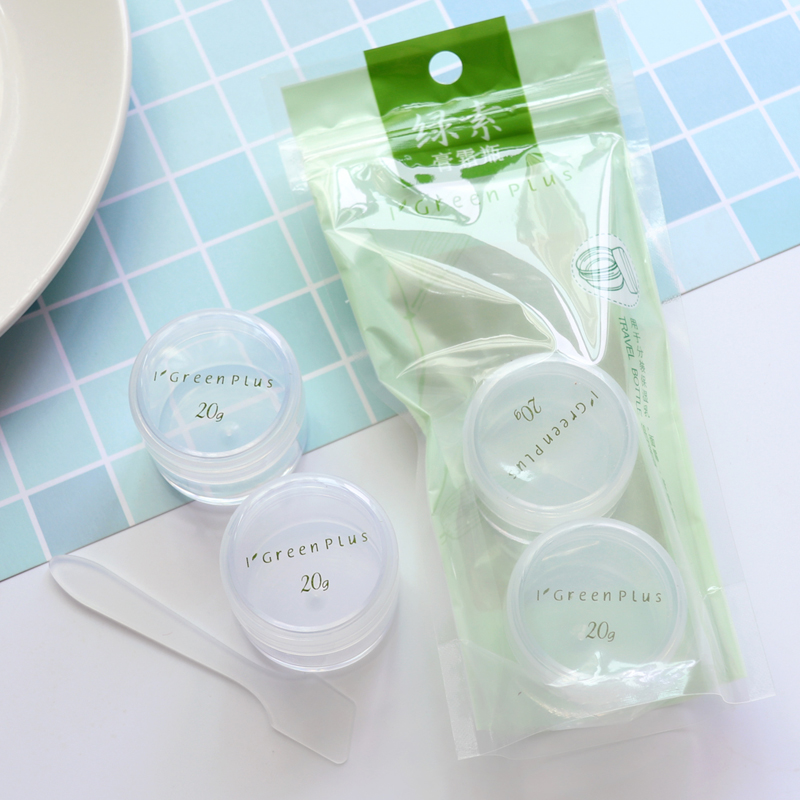 2 face cream bottles, 1 spatula, green 20g cream bottle, sub-packing box, portable travel eye cream empty bottle, bubble bottle