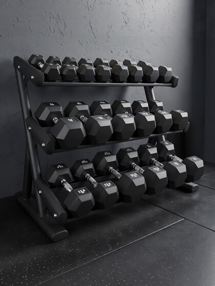 New Hexagonal Rubber-Coated Fixed Dumbbells for Men, Commercial Three-Layer Ten-Piece Dumbbell Rack Set for Personal Training and Strength Fitness