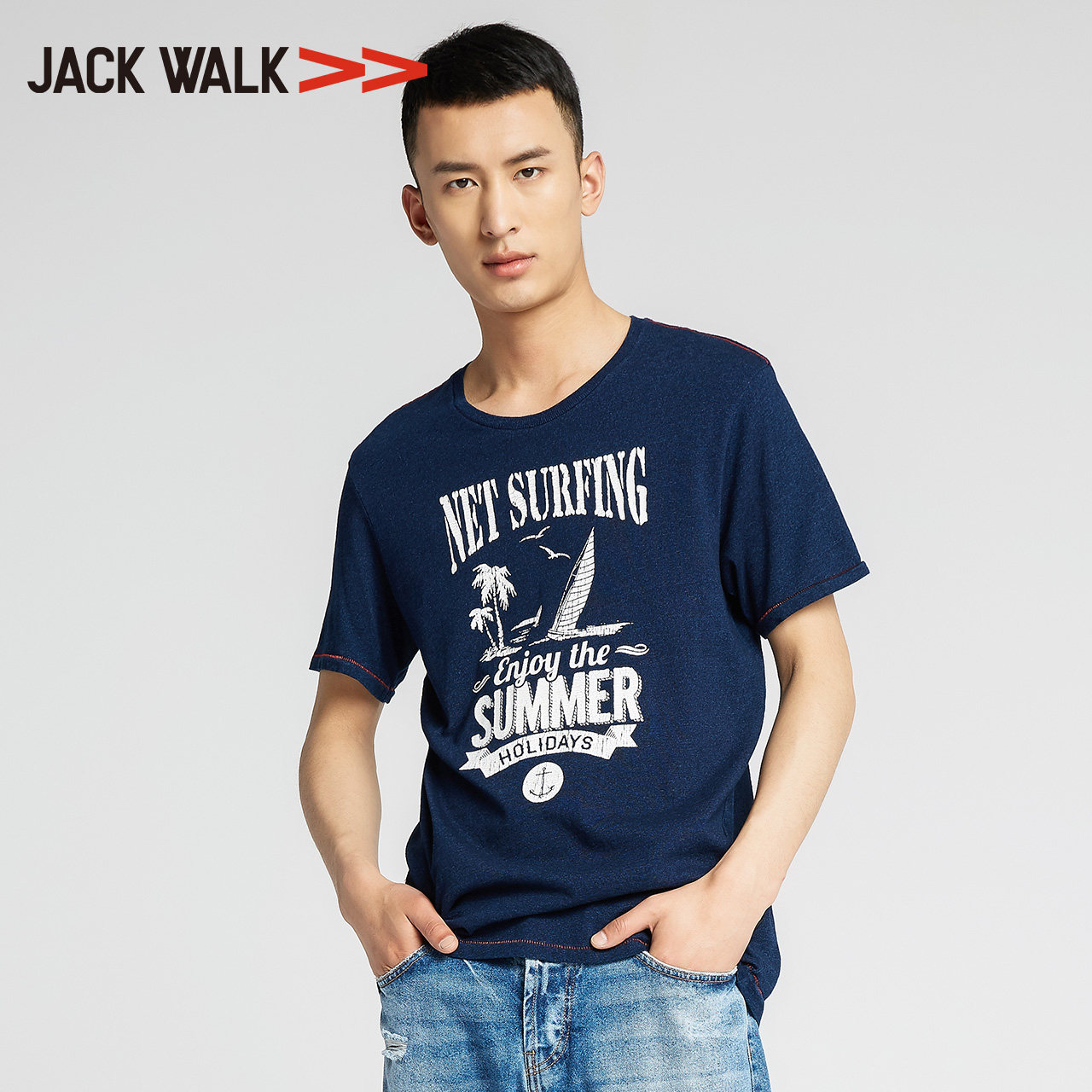 拉夏贝尔旗下 Jack Walk 男式圆领短袖T恤 天猫优惠券折后￥59包邮（￥129-70）4款可选