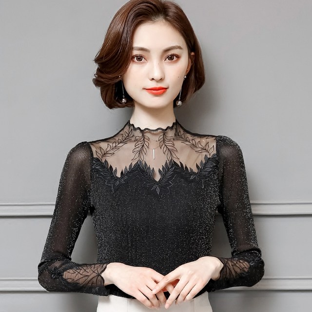 2024 new high-neck lace bottoming shirt for women, spring and autumn long-sleeved, stylish inner with bright silk mesh, versatile thin top