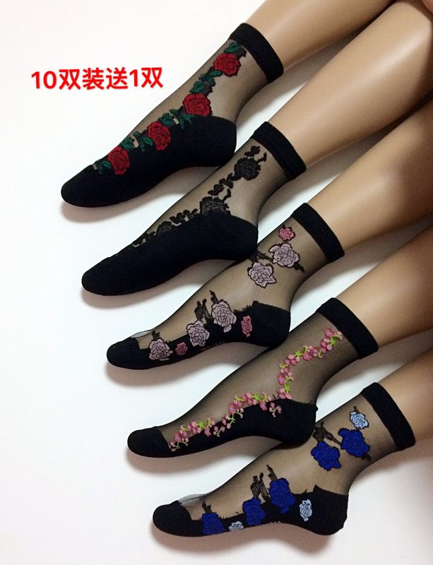 Transparent Ultra-Thin Korean Spring/Summer Embroidered Crystal Silk Snag-Resistant Lace Japanese Mid-Calf Cotton-Soled Non-Slip Stockings