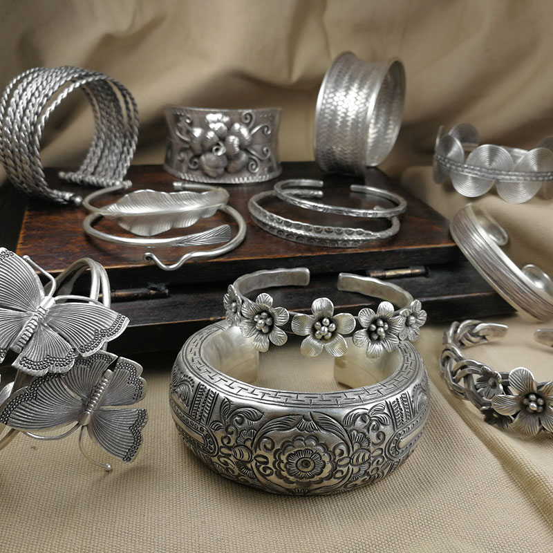 Thailand Chiang Mai Handmade Silver Bracelet Female Sterling Silver Personality Open Bracelet Woven Raffle Carved Silver Vintage Silver Bracelet