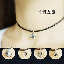 Black leather rope minimalist necklace four-leaf grass Doraemon A dream crown pentagram Japan-ROK female neck chain gift