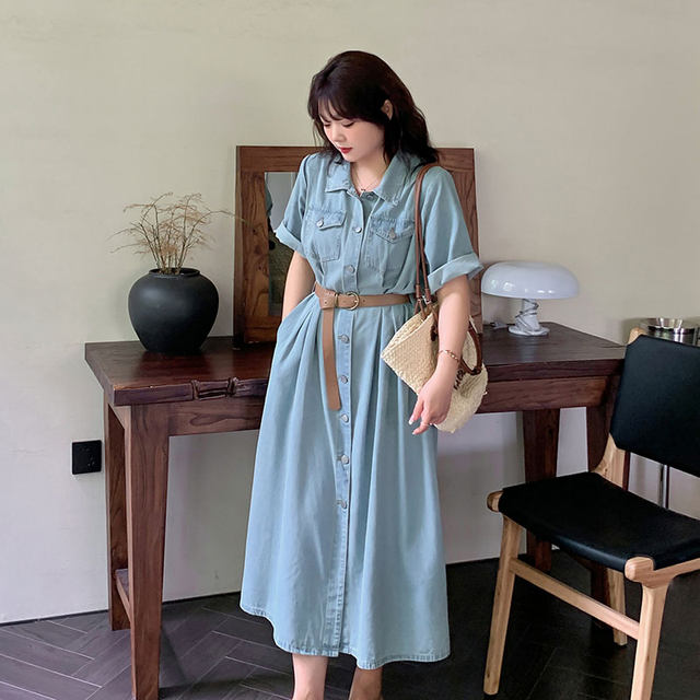 Denim dress ແມ່ຍິງ 2023 summer ແບບໃຫມ່ 220 pounds fat mm ສາຍແອວຂະຫນາດໃຫຍ່ແອວແອວ retro slim ເສື້ອ dress