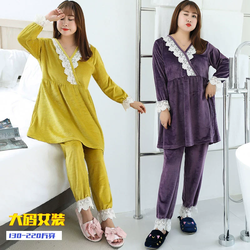 Bộ đồ ngủ mùa thu đông 2019 nữ 220 kg béo mm plus béo size lớn rộng rãi bộ đồ ngủ pijama cổ chữ V ngọt ngào - Bộ Pajama