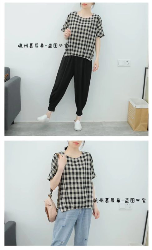 Áo thun cotton văn học giản dị Áo thun nữ cổ tròn tay ngắn giảm béo 2019 áo sơ mi kẻ sọc hè mới - Áo phông