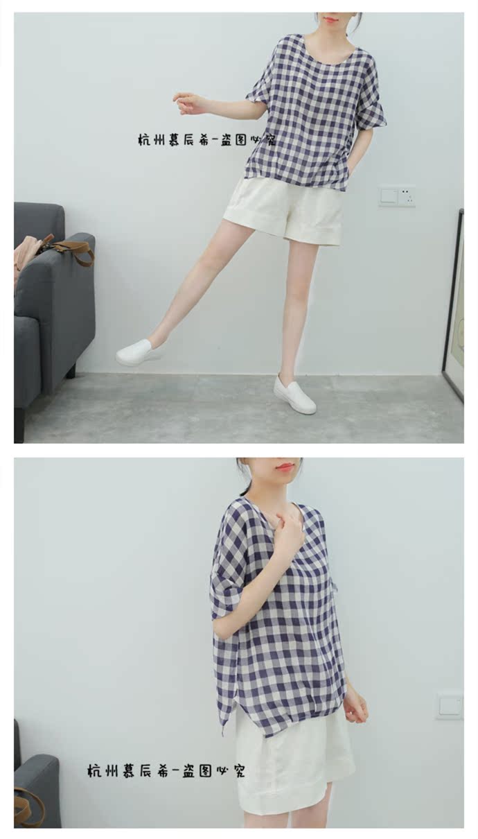 Áo thun cotton văn học giản dị Áo thun nữ cổ tròn tay ngắn giảm béo 2019 áo sơ mi kẻ sọc hè mới - Áo phông áo polo nữ tay lỡ