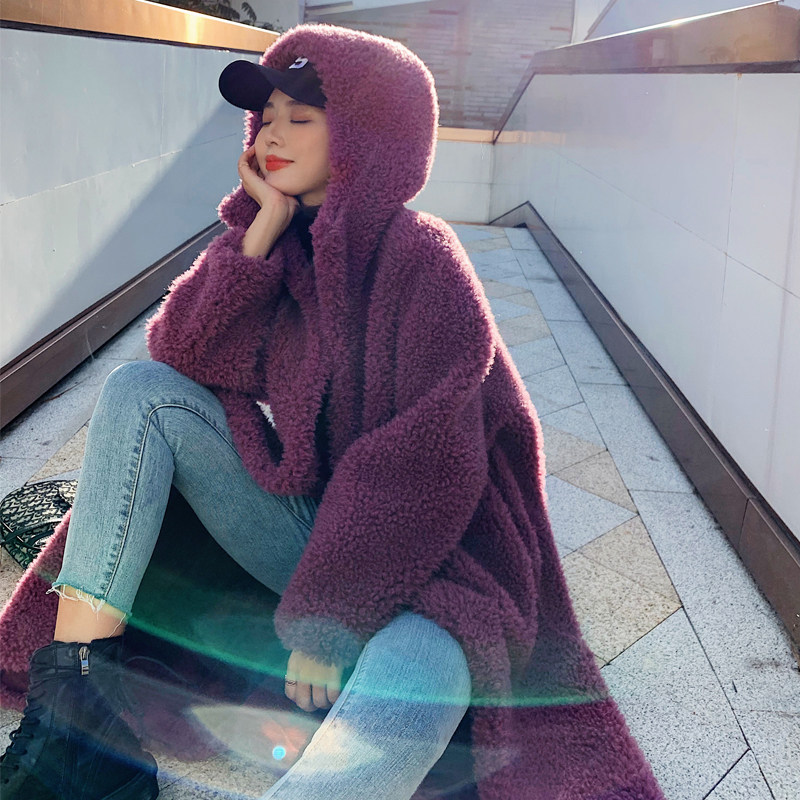 2021 autumn winter grain sheep cut velvet big coat long version composite leather hair integrated lamb fur grass with cap loose jacket