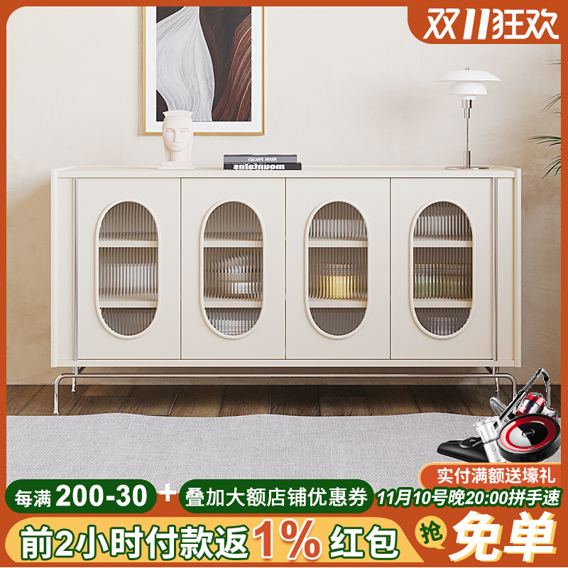 French retro cream white dining cabinet solid wood healing side cabinet storage cabinet Nordic tea cabinet light luxury porch cabinet