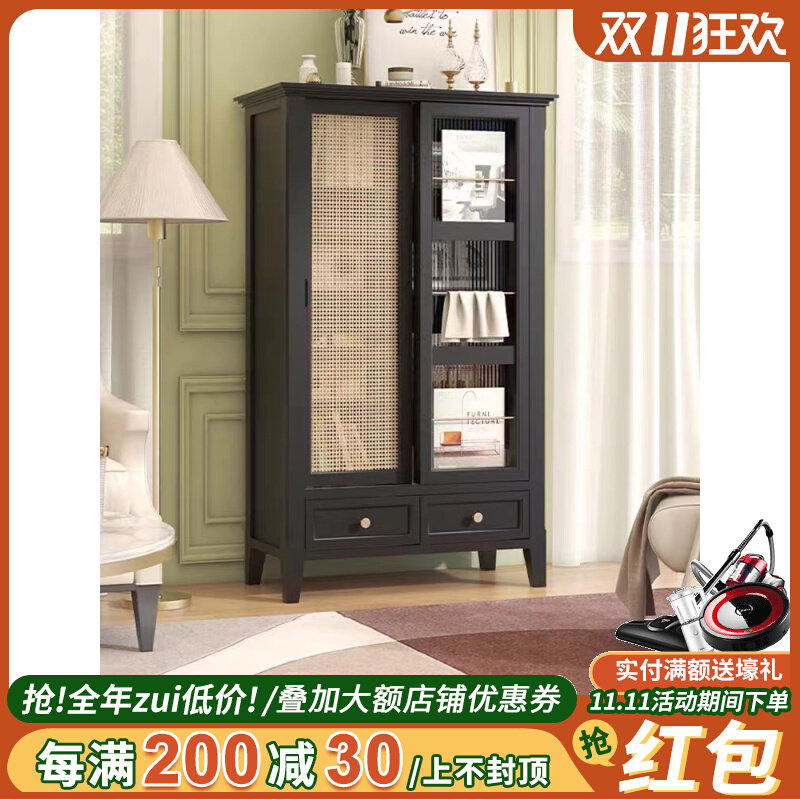 Sliding door solid wood bookcase black retro style decorative cabinet rattan sundries cabinet floor bookshelf Changhong glass side cabinet