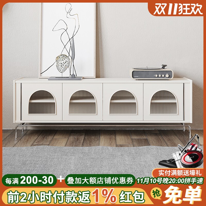 Light French TV Cabinet Coffee Table Combination Cream White Solid Wood Medieval Furniture Arch Floor Cabinet Changhong Glass Wabi-Sabi Wind