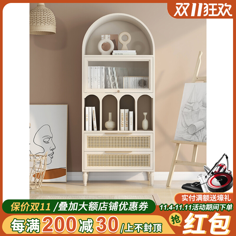 French retro bookcase arched dining cabinet integrated against the wall high cabinet rattan wine cabinet Changhong glass medieval arch